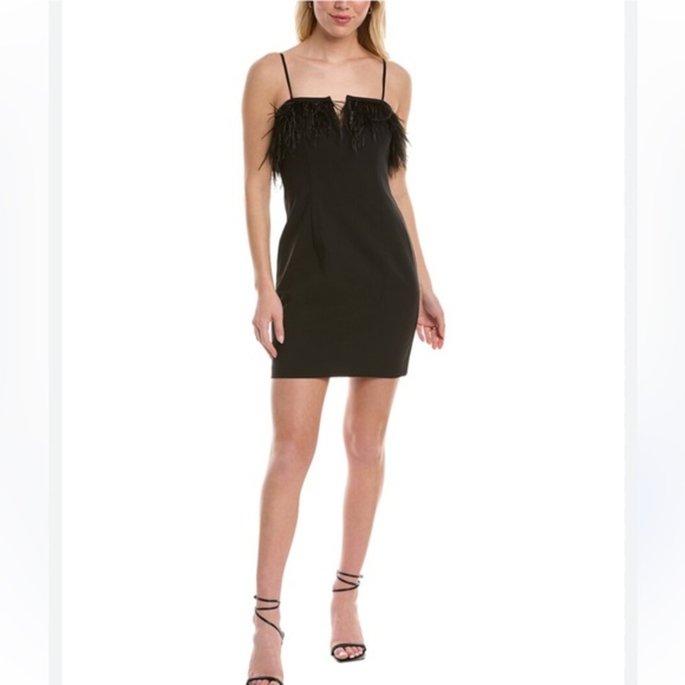 NWT Aidan Mattox Aidan By Feather Trim Sheath Mini Dress In Black Size 6